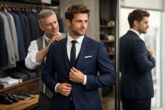 Férfi próbálja az öltönyét szakértő segítségével