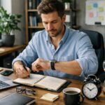 Férfi időmenedzsment technika alkalmazás közben, hatékonyan dolgozik