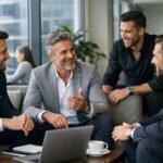 Sikeres férfiak karrierépítésről beszélgetnek egy modern irodában.