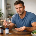 Férfi magnéziumot és cinket szed étkezés közben, egészséges étrenddel.