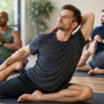 Férfi jógázik egy csoportos órán, hangsúlyozva a jógázás előnyeit férfiaknak.