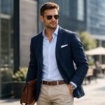 Férfi sportosan elegáns öltözet irodai környezetben, napszemüvegben.