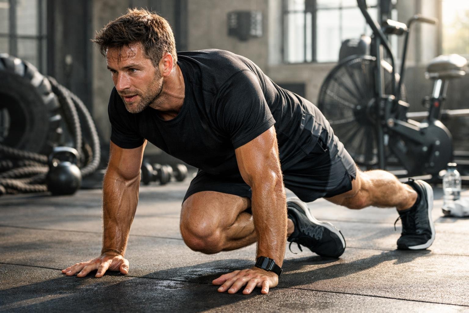 Férfi HIIT edzés közben, zsírégetés céljából.