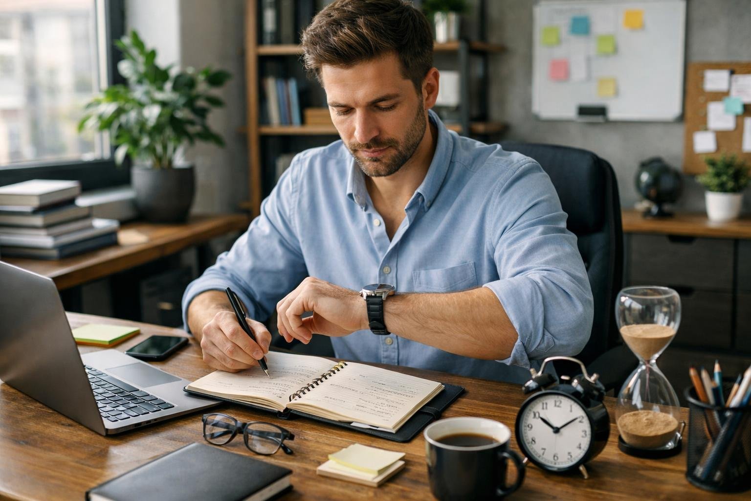 Férfi időmenedzsment technika alkalmazás közben, hatékonyan dolgozik