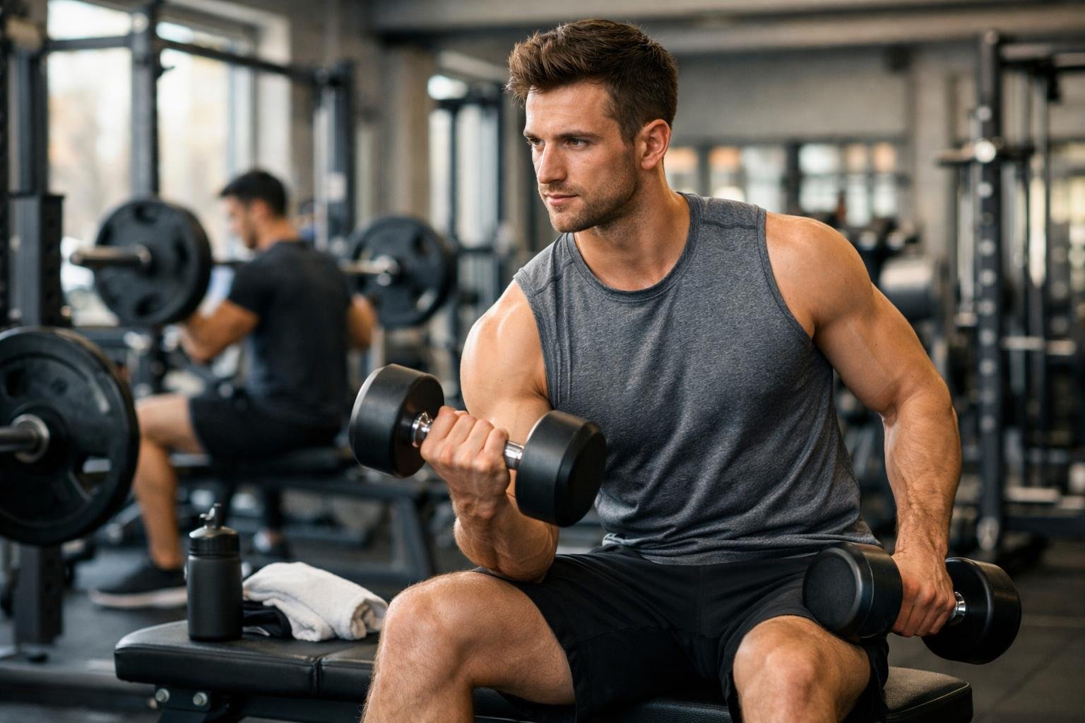 Férfi súlyzós edzés, izomépítés kezdőknek a gymben