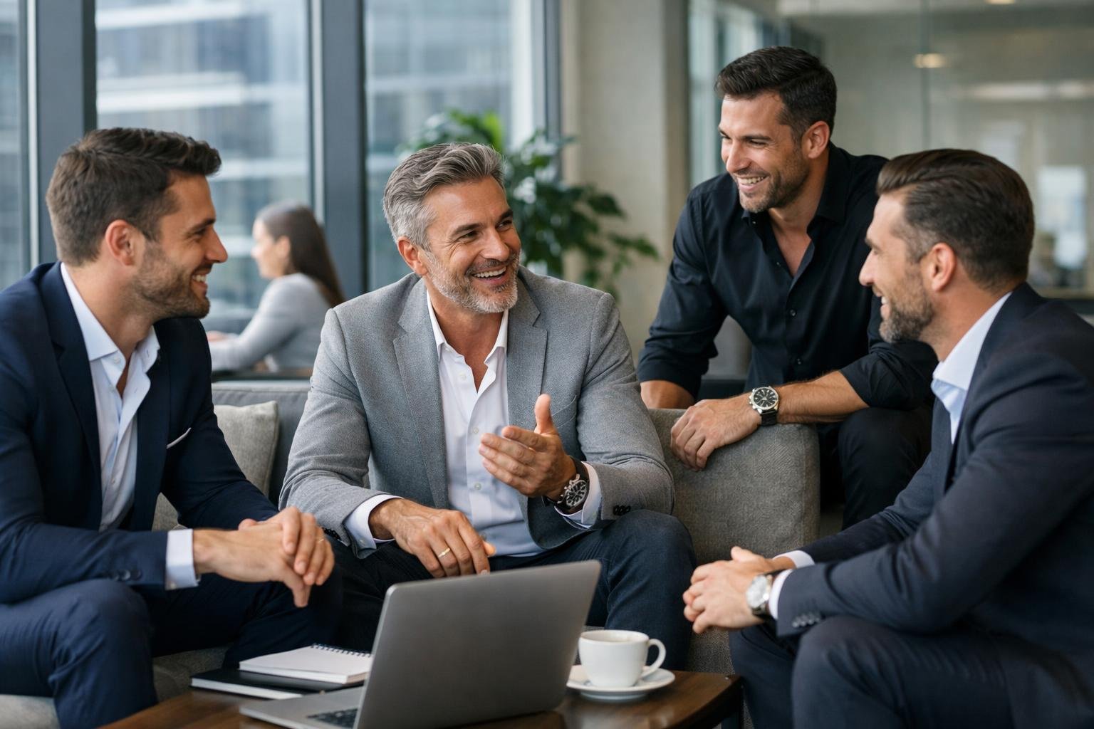 Sikeres férfiak karrierépítésről beszélgetnek egy modern irodában.