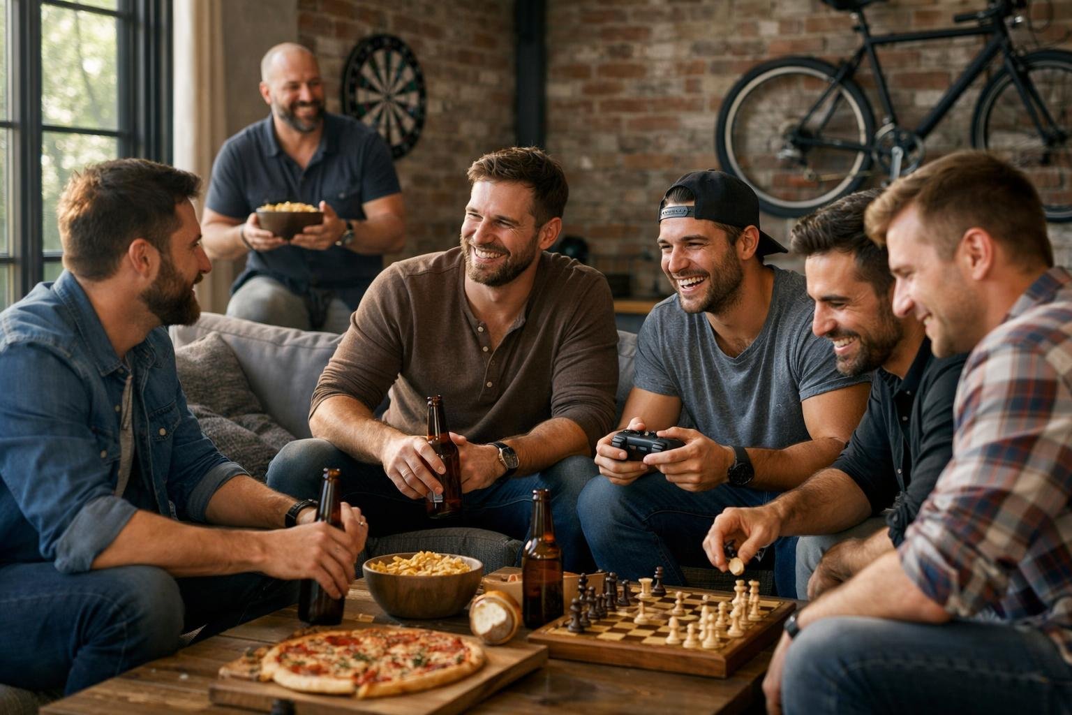 Hat férfi szórakozik baráti társaságban, pizza és italok mellett.