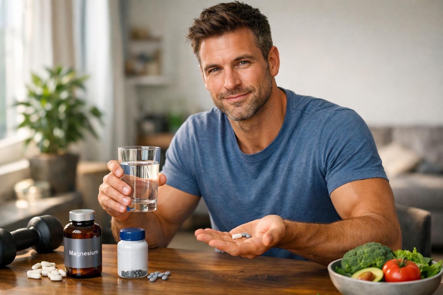 Férfi magnéziumot és cinket szed étkezés közben, egészséges étrenddel.