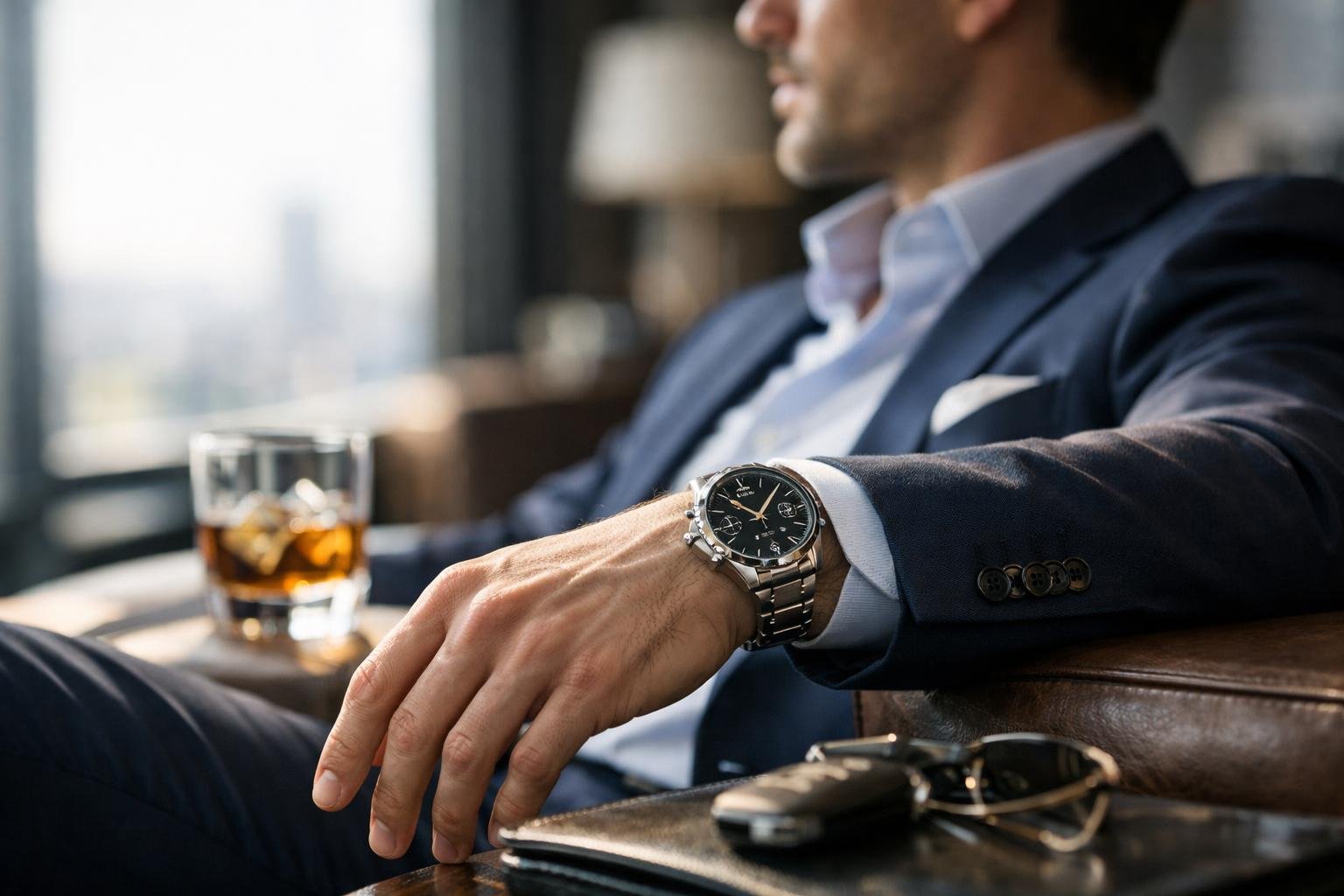Férfi karóra stílusos öltönyben, ital mellett ülve.