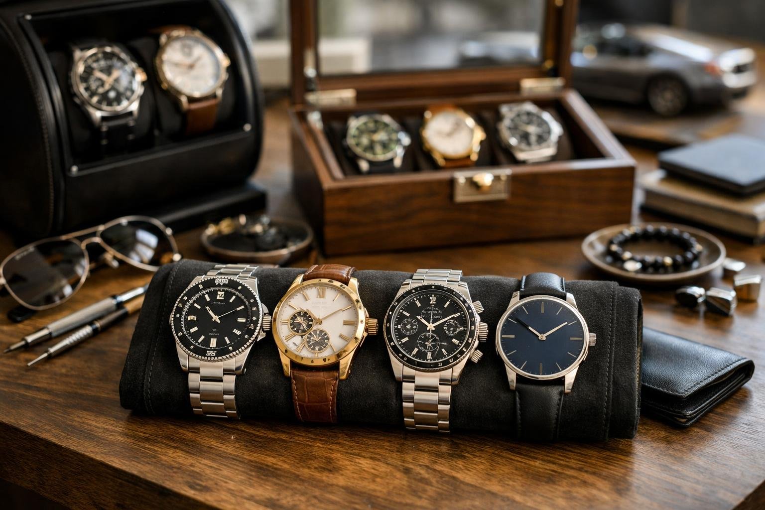 Modern férfi órák egy gyűjteményben, stílusos háttérrel.