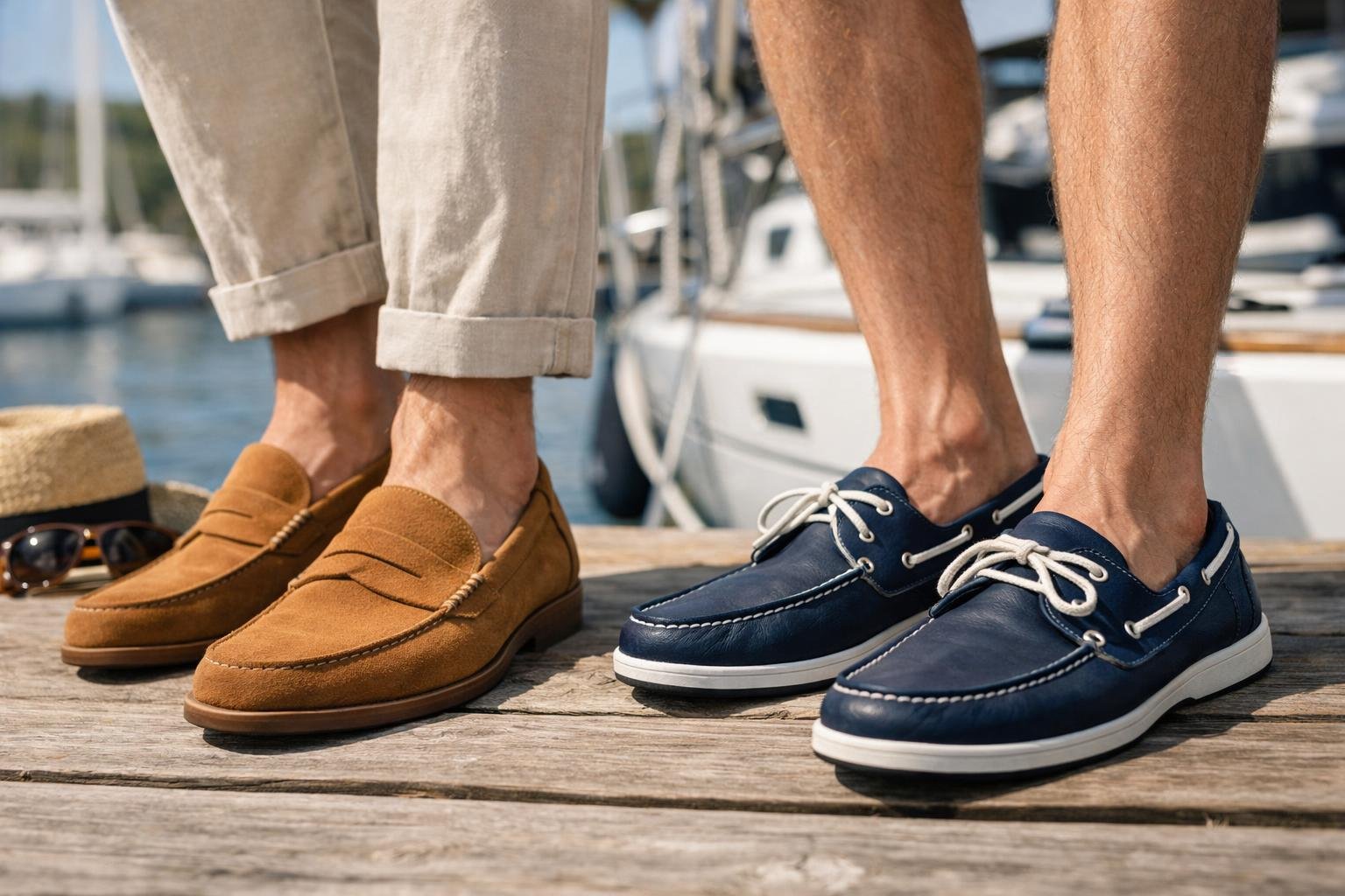 Stílusos férfi loaferek és vitorláscipők nyáron egy mólón.