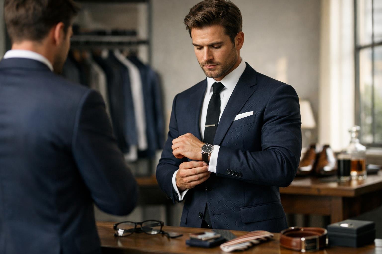 Férfi öltönyben az öltözködés előtti pillanatban.