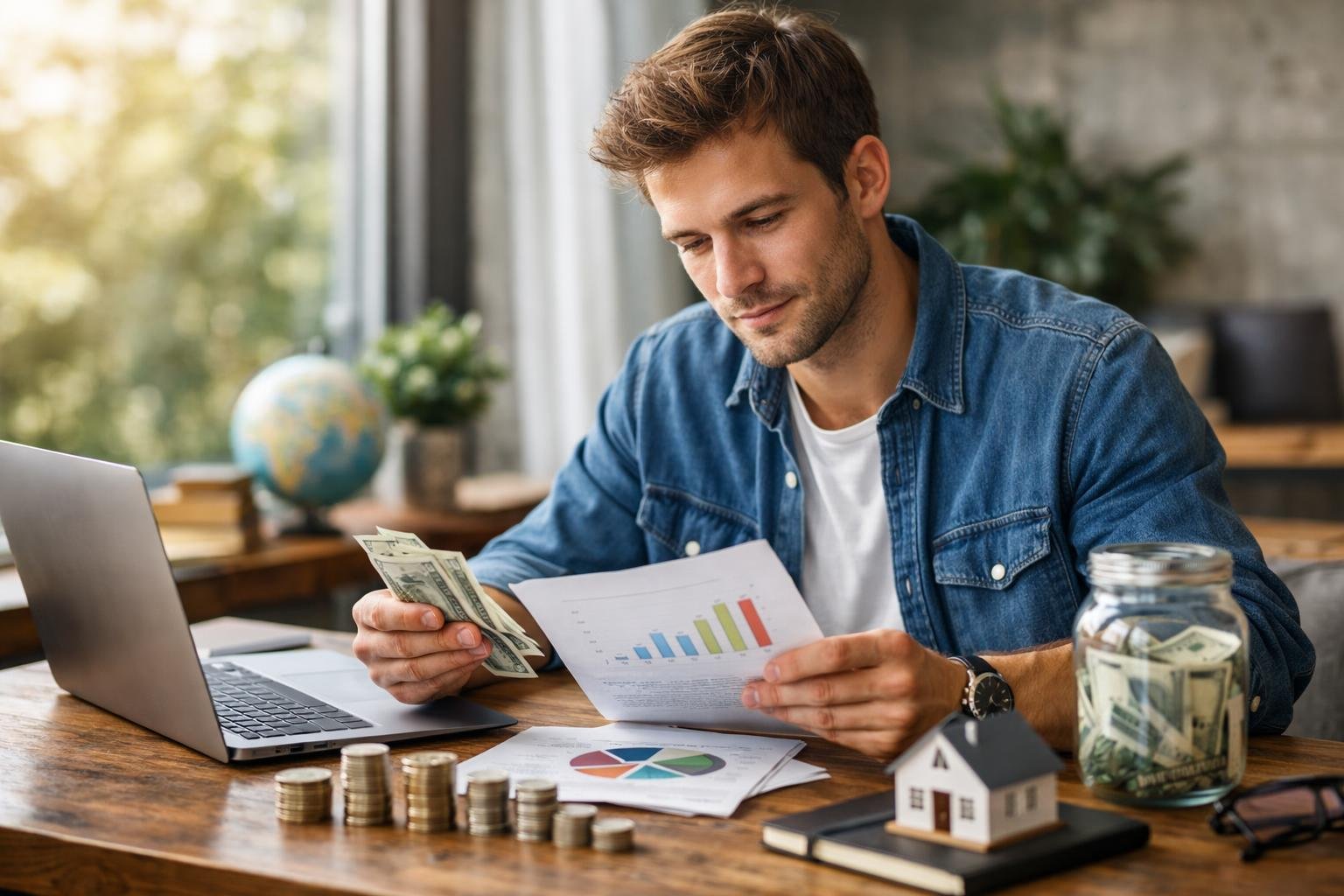 Fiatal férfi befektetési lehetőségeket elemződ képe.