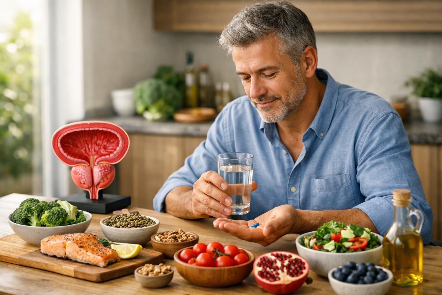 Férfi prosztata egészségmegőrzésről, étrendi tanácsokkal és vízfogyasztással.