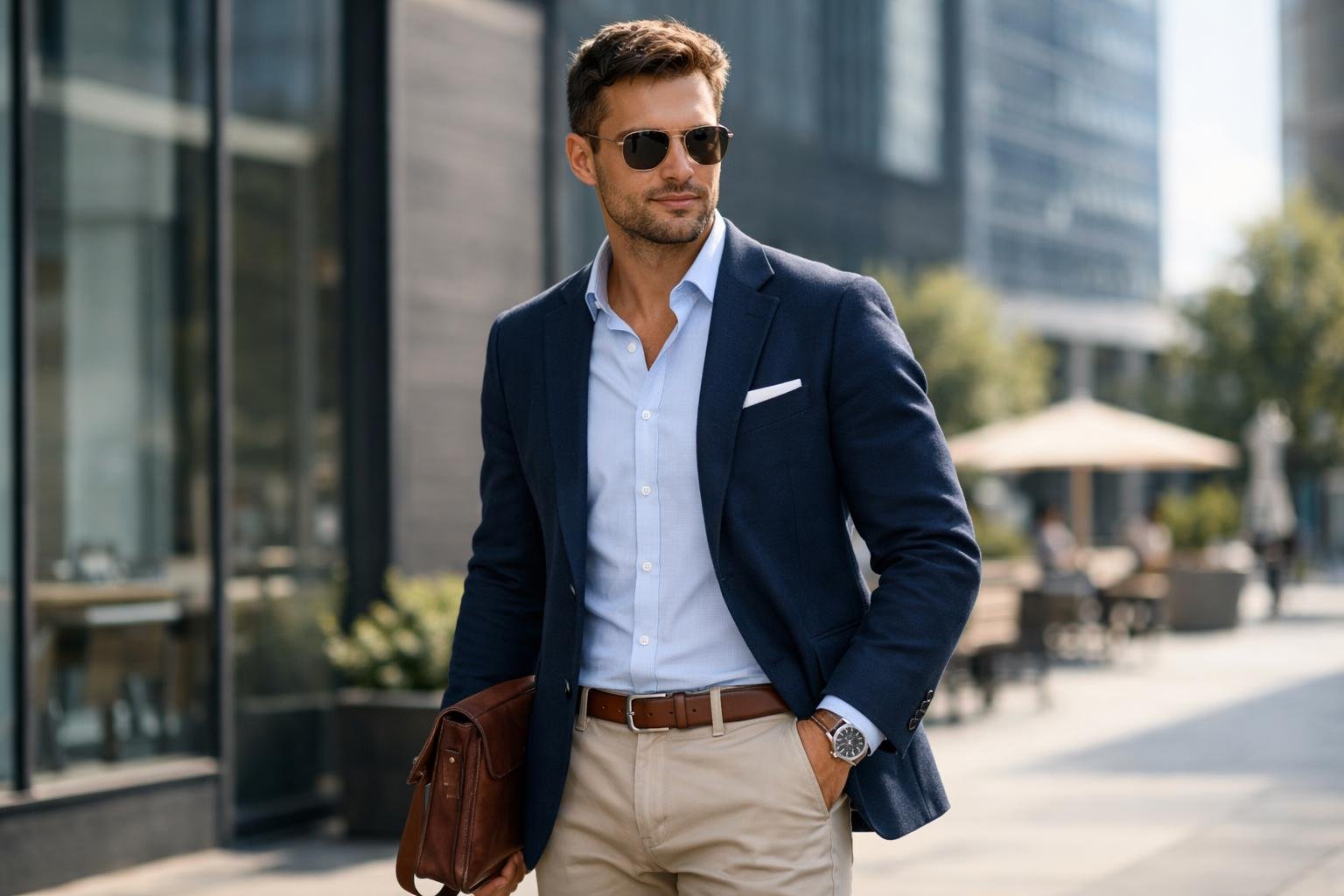 Férfi sportosan elegáns öltözet irodai környezetben, napszemüvegben.