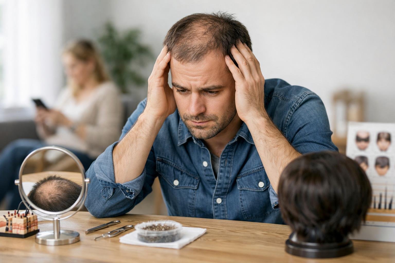 Férfi, aki hajhullása miatt aggódik a tükör előtt.