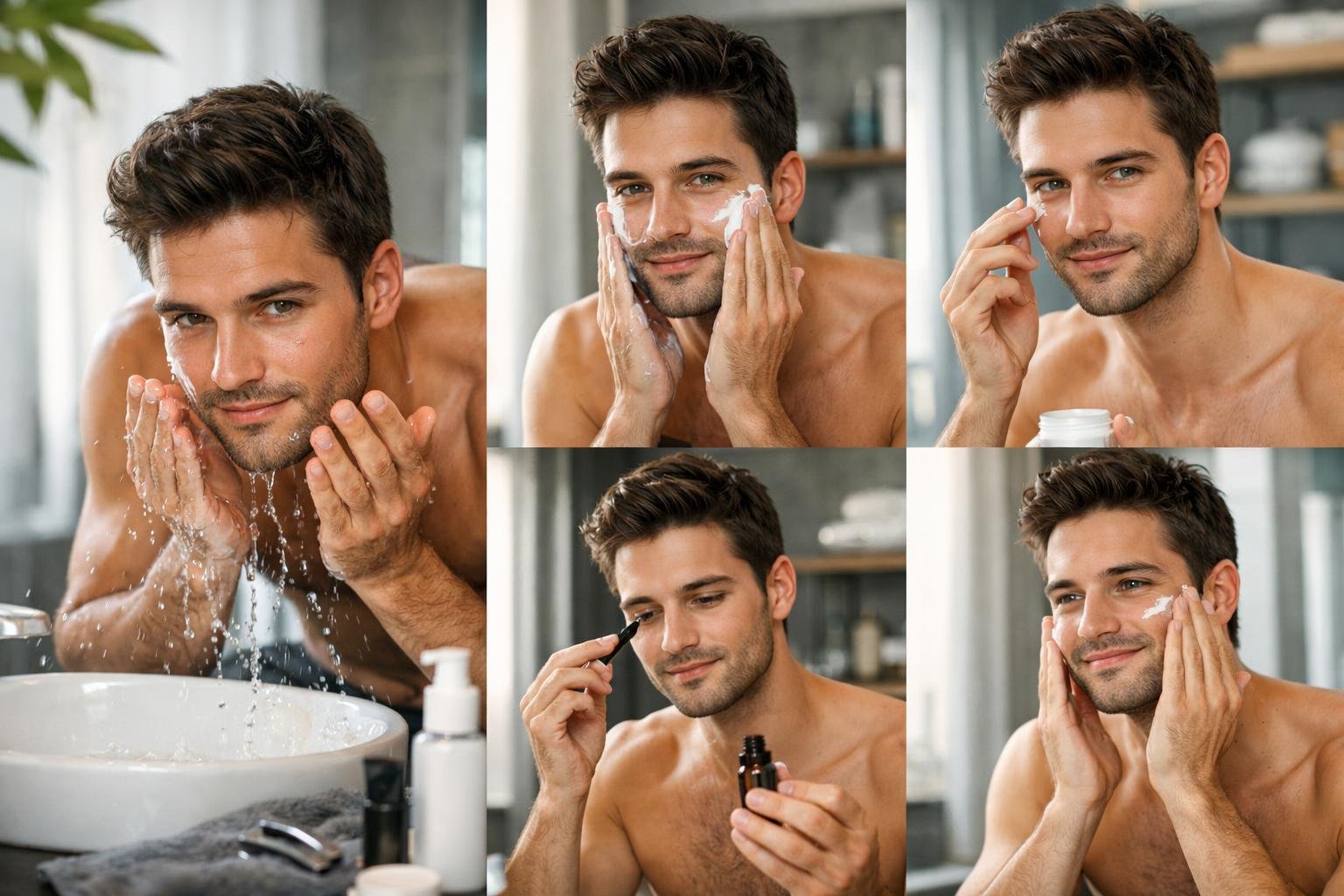 Férfi arcápolási rutin lépései: tisztítás, hidratálás és bőrápolás.
