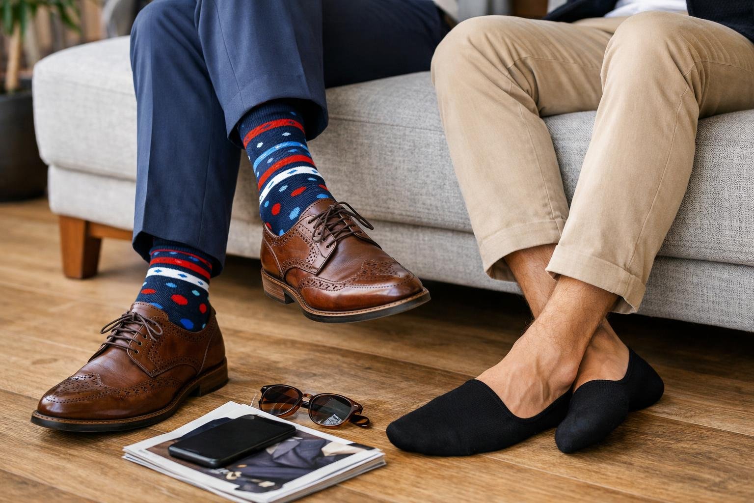 Férfi lábbeli mintás zoknival és titokzoknival ülve