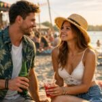 Fiatal pár beszélget egy nyári fesztiválon a strandon.