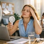 Nő hűsít egy asztali ventilátorral az irodában