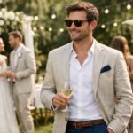 Elegáns férfi nyári esküvőn világos öltönyben és napszemüvegben.