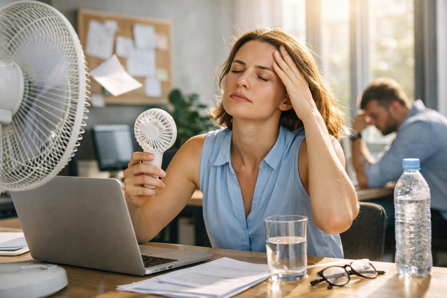 Nő hűsít egy asztali ventilátorral az irodában