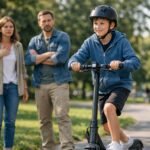 Gyerek elektromos rollerrel, szülők figyelik biztonságban.