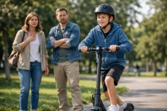 Gyerek elektromos rollerrel, szülők figyelik biztonságban.